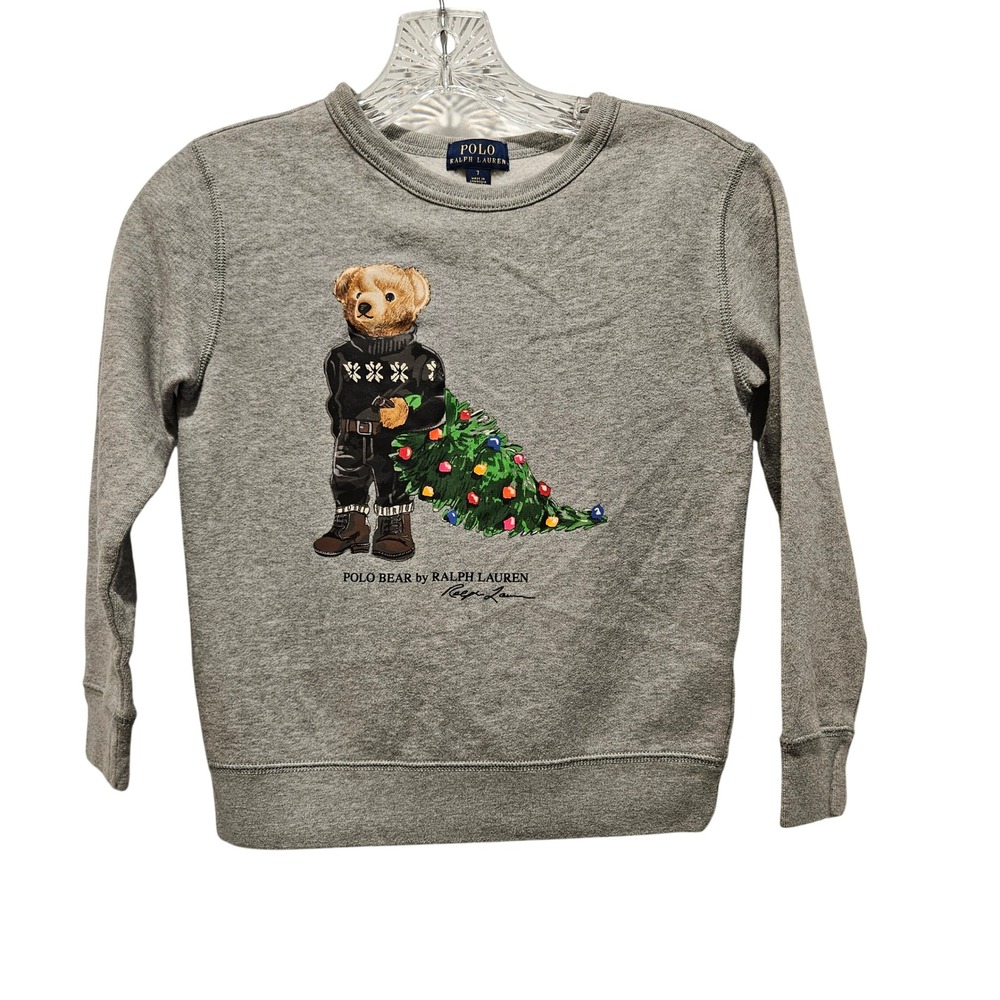 Polo Ralph Lauren Sweatshirt Kids 7 Grey Polo Bear Christmas Tree Fleece Crew